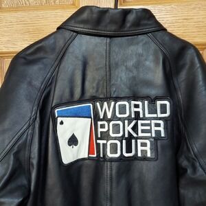 Colebrook World Poker Tour Mens Black Leather Bomber Jacket Full Zip Quilted M